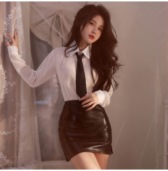 FEE ET MOI - Deep V Allure Backless Secretary Outfit (White - Black)